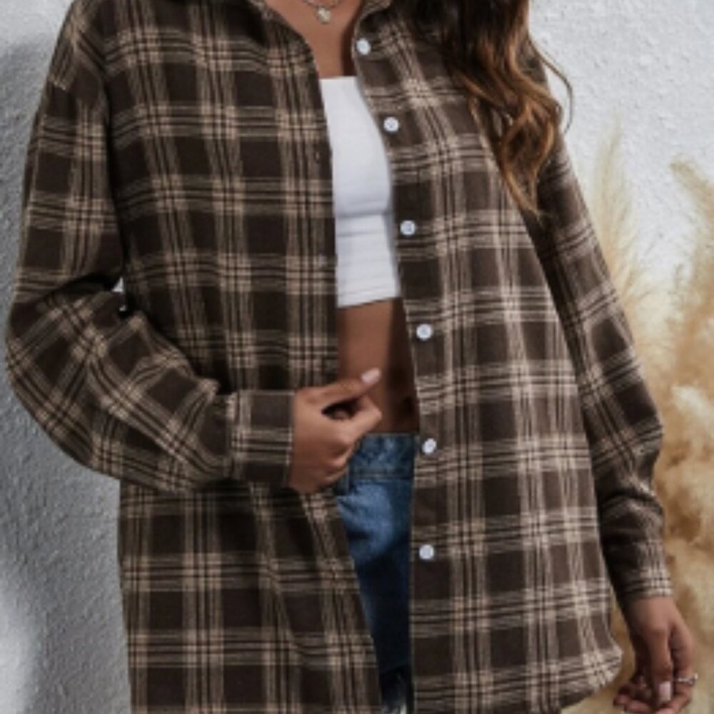 SHEIN Frenchy Plaid Print Button Front Overshirt - Medium